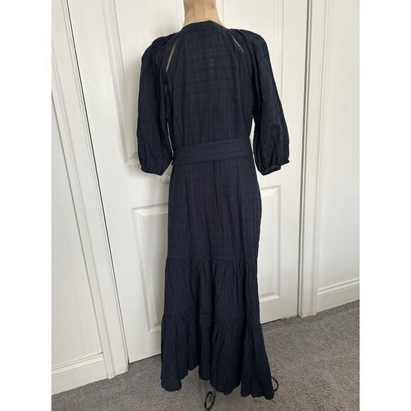 MADEWELL Tie-Waist Tiered Midi Dress Windowpane Navy Blue Button Up Size 8 - Picture 8 of 16